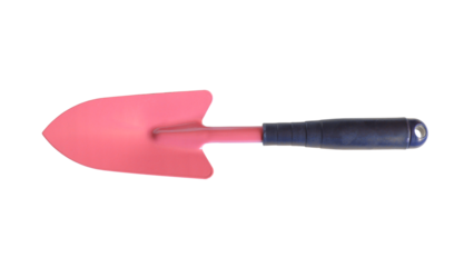 Pink metal hand trowel with a dark handle, an essential gardening tool on a transparent background.