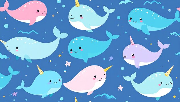 Adorable narwhal cartoon seamless pattern with magical horn in various pastel colors