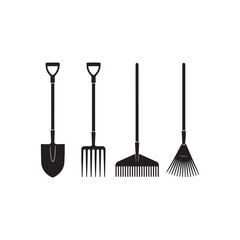 Set of four silhouette garden tools including shovels rakes and pitchforks for outdoor work vector