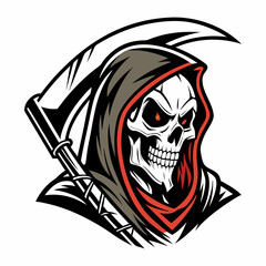 Evil Grim Reaper Skull Close-Up Vector Illustration with Scythe for Halloween