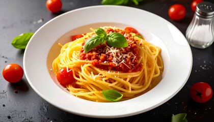 Spaghetti with red sauce on a white plate, tomatoes and basil, dark backdrop