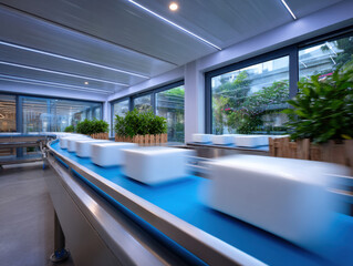 Fototapeta premium White boxes moving on blue conveyor belt in modern factory