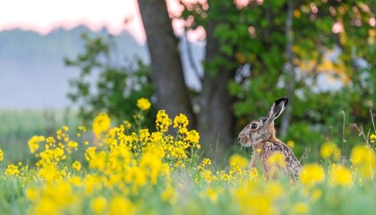 A brown hare sits amidst a vibrant field of yellow wildflowers, bathed in the soft light of dawn or dusk.