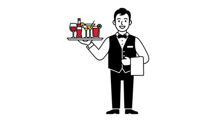 A Gentleman Server: A classic illustration depicts a poised server in formal attire, balancing a tray laden with an array of tantalizing cocktails and beverages.