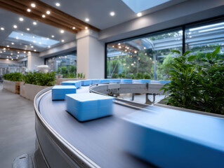 Fototapeta premium Blue packages moving on conveyor belt in modern factory