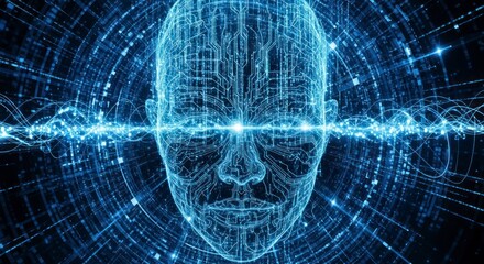 A digitally rendered human head, intricate with glowing circuit patterns, is positioned within a swirling vortex of luminous data streams, exuding a sense of technological advancement and abstract...