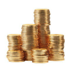 Stacks of shiny gold coins representing wealth and financial success isolated on transparent background