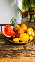 Tropical fruit platter on a wooden table