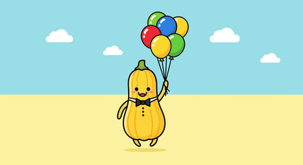 Fototapeta premium Charming Pumpkin Character Floating with Colorful Balloons in a Whimsical Scene