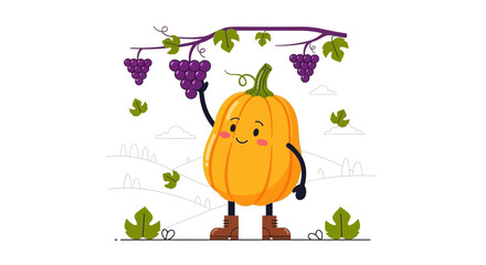 Charming Pumpkin Character Holding Grapes in Delightful Illustration Artwork Style Presentation