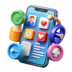 3d rendered smartphone displaying various app icons isolated on transparent background