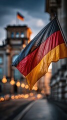 Flag of Germany waving near historical building at dusk with city lights in the background