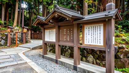 Asian wooden informational panels are along a curving stone path through a forest
