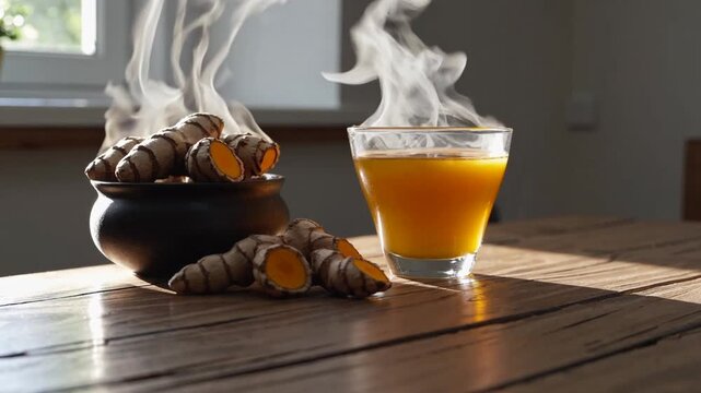Various forms of turmeric including powder, rhizomes, and prepared tea