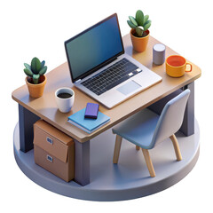 Cozy home office setup with laptop desk chair and plants isolated on transparent background