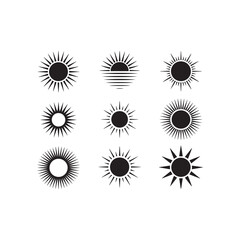 Diverse collection of sun icons with textured rays and striated sunset element vector
