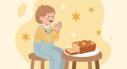 Cheerful Child Appreciates Freshly Baked Banana Bread With Stellar Background