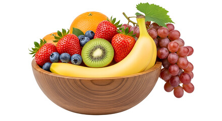 Wooden bowl filled with colorful and fresh fruits isolated PNG with Transparent Background