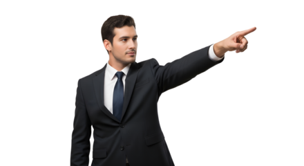 Young businessman in suit pointing towards right isolated PNG with Transparent Background