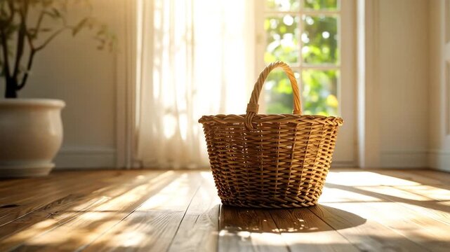 Empty wicker basket on wooden floor