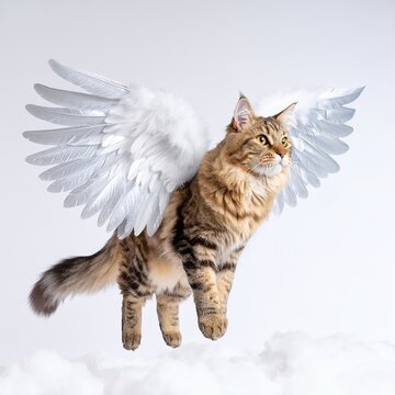 Whimsical feline with feathered wings floats ethereally in the sky on white background