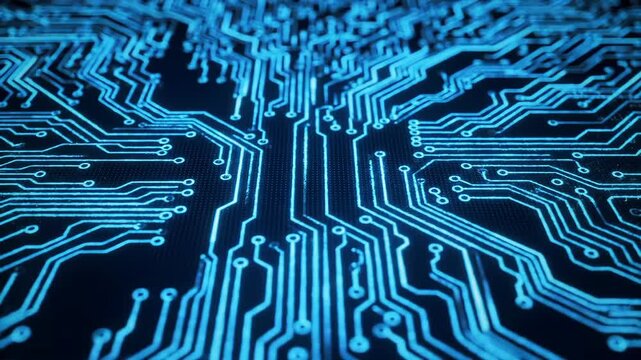 Glowing circuit board with intricate tracery and connection points
