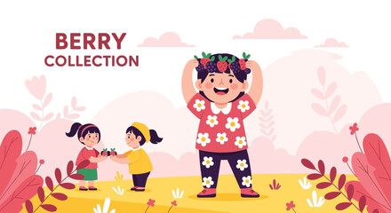 Fototapeta premium Cheerful Children Harvesting Fresh Berries in a Delightful Summer Season Illustration