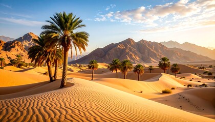 Sunlit desert landscape with palm trees and mountains at sunset