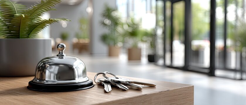 A polished service bell and a stylish menu highlight the upscale ambiance of a contemporary dining setting with natural light