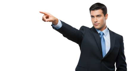 Confident businessman in suit pointing to the side isolated PNG with Transparent Background