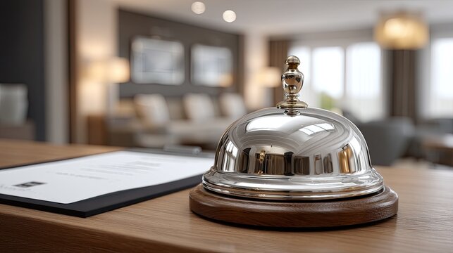 A polished service bell and a stylish menu highlight the upscale ambiance of a contemporary dining setting with natural light