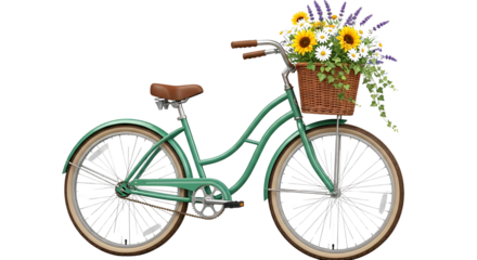 Turquoise bicycle with flower basket isolated PNG with Transparent Background