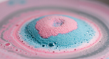 Colorful bath bomb fizzing in swirling patterns of pink and blue