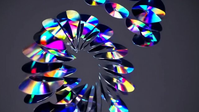 assemblage of compact discs producing spectrum visual effect assemblage of compact discs producing spectrum visual effect. The discs are organized in design and seem to be suspended in the air