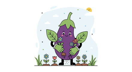 Fototapeta premium Cheerful Eggplant Character Embracing Flowers In A Whimsical Illustration