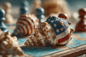 Unique seashell painted with American flag accents placed on a vintage board game in a coastal setting during daylight hours