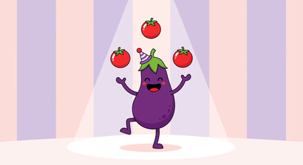Cheerful Eggplant Juggles Tomatoes While Dancing In A Colorful Stage Spotlight