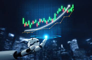 A futuristic robot hand interacts with a digital graph showcasing market trends, emphasizing growth and analysis, set against a city skyline at night. Impute