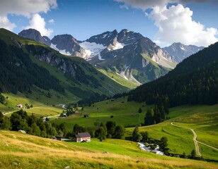 Sunlit valley nestled amidst towering mountains, verdant pastures, and winding rivers