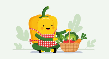 Fototapeta premium Cheerful Fresh Vegetables Illustration Featuring Smiling Pepper Character And Assorted Produce