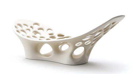 Modern white artistic chair with open cellular design isolated on white background photo