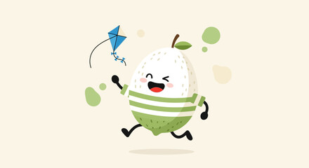 Obraz premium Cheerful Fruit Character Plays With Kite, Symbolizing Joy and Whimsical Fun Elements