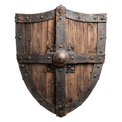 Fototapeta premium Detailed medieval wooden kite shield with metal reinforcements and central boss isolated on transparent background