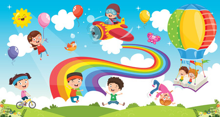 Cartoon children play joyfully amidst vibrant rainbow, balloons, airplane, and hot air balloon against a sunny, cloudy sky, creating a whimsical, cheerful atmosphere.