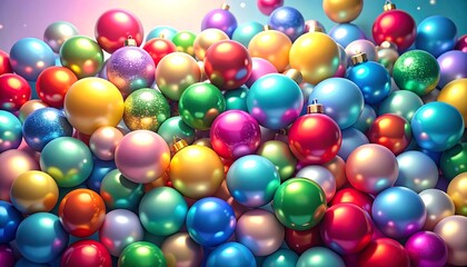 Vibrant pile of colorful Christmas ornaments, light reflecting, depth of field blur