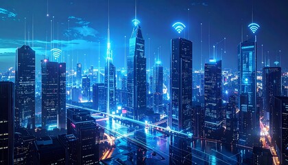 Obraz premium Cyberpunk city with glowing WiFi symbols above skyscrapers at night, blue atmosphere
