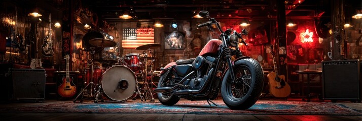 Motorcycle displayed in a rustic music venue with vintage decor and instrumental setup at night