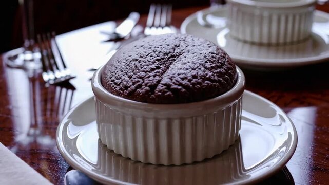 Individual chocolate souffl� dessert presented in traditional ramekin dish and dusted with confectioner's sugar
