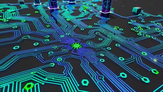abstract representation of electronic hardware featuring schematic of circuit board