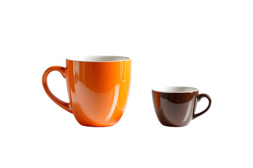 Two mugs, one orange and one brown, isolated on transparent background